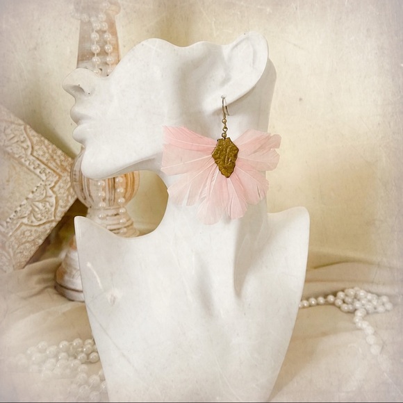 Boho Blush / Pink Feather Drop Earrings - Picture 2 of 4